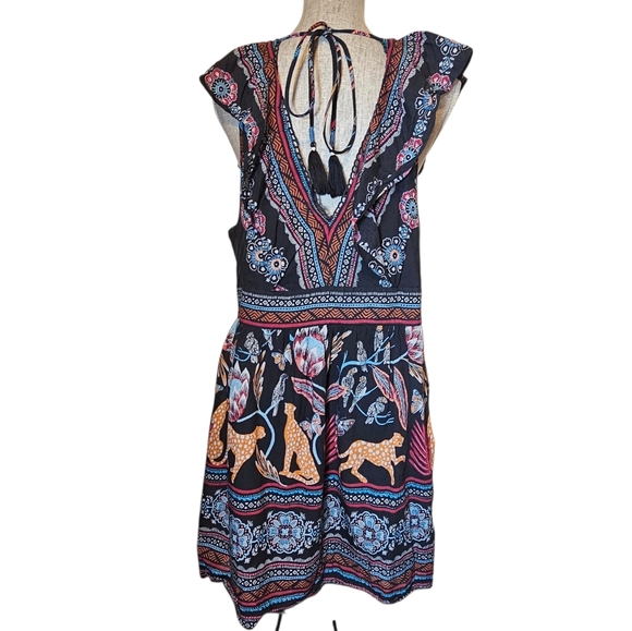Anthropologie V-Neck Plunge Tunic Mini Dress - Women's Size XL Boho Jungle Black - Picture 2 of 13